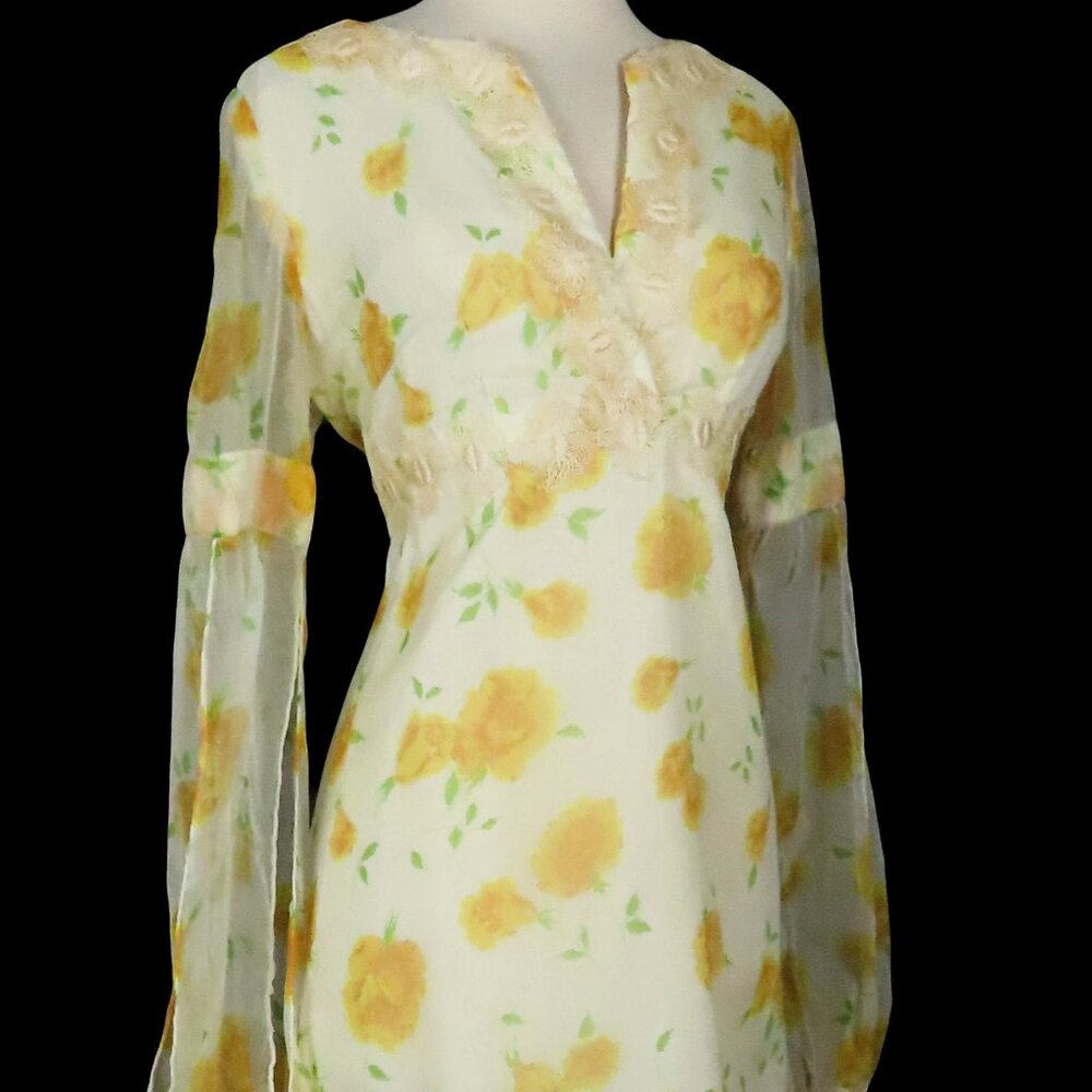 Vintage 70s Yellow Rose Floral Long Split Sleeves Empire Waist Maxi Dress L XL - Picture 13 of 16